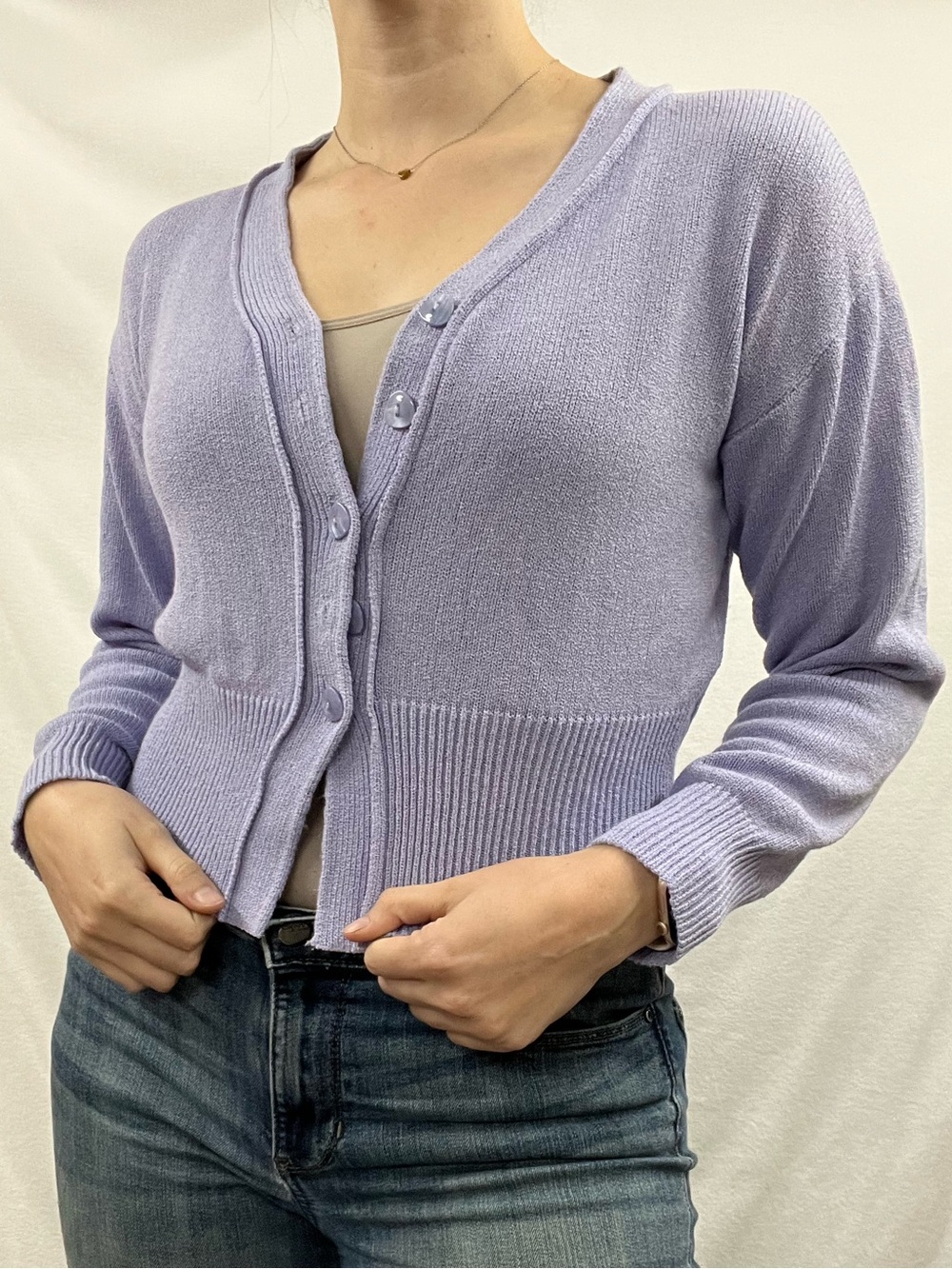 Cropped V-Neck Button-Front Cardigan in Lilac